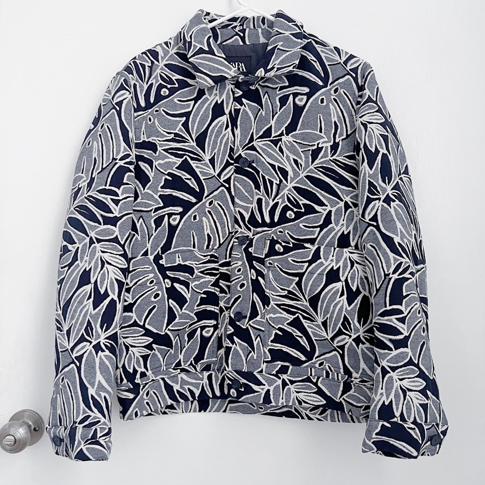 Blue Leaf Lined Jacquard Jacket Size Medium Zara Overcoat Poly Cotton